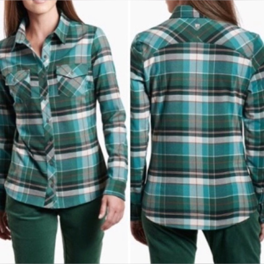 Kuhl Women's green plaid Flannel Shirt, long sleeve, collared, size medium